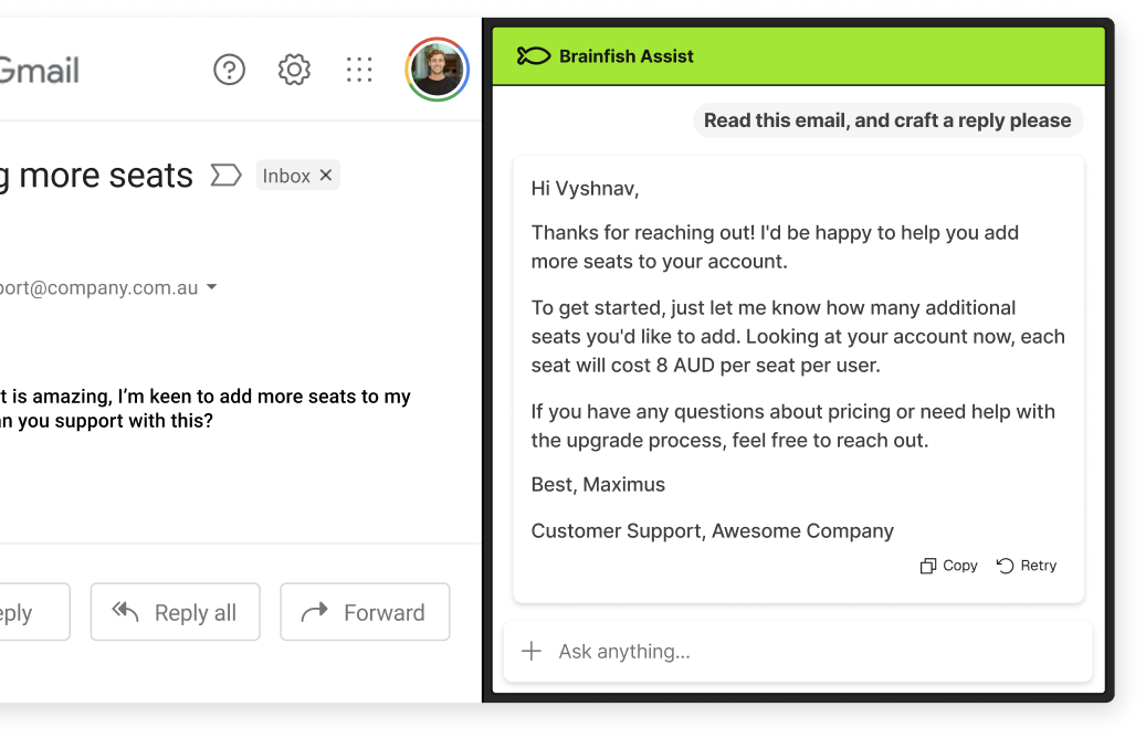 Gmail inbox with a Brainfish Assist sidebar drafting a polite, on-brand reply to a customer asking about adding more seats.