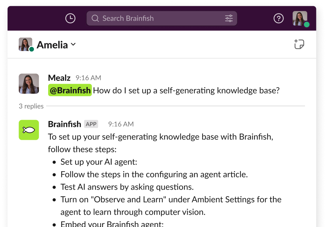 Slack thread showing the Brainfish app answering a question about setting up a self-generating knowledge base, with a numbered list of steps.