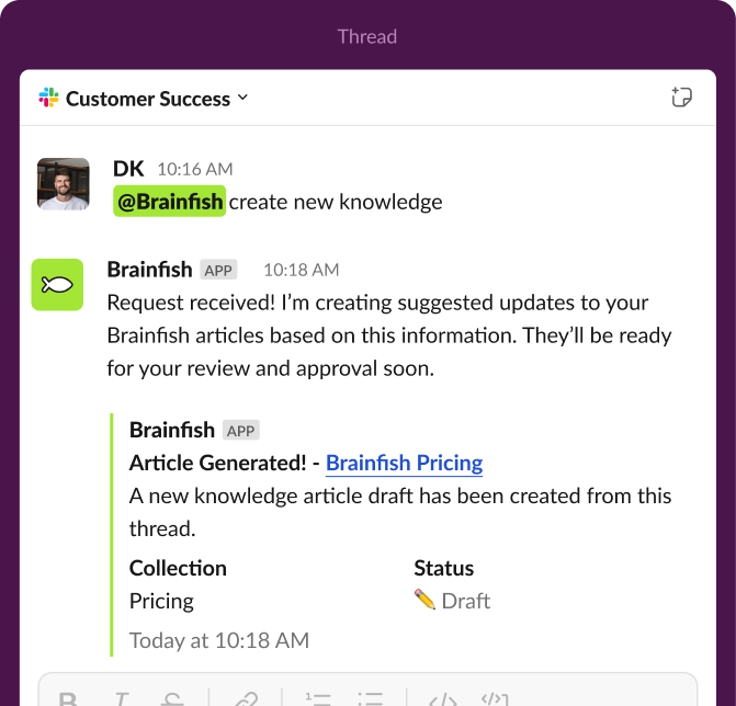 Slack thread where a teammate asks Brainfish to create new knowledge; Brainfish replies with a generated article draft.