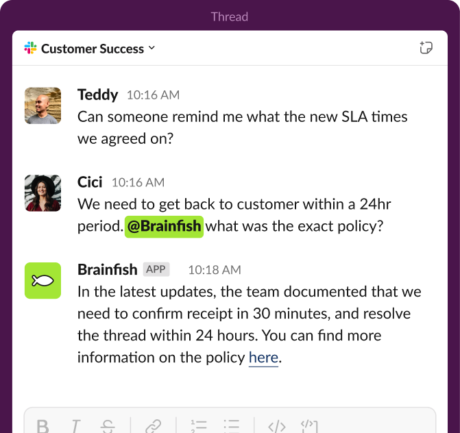 Slack Customer Success thread where Brainfish answers a teammate question about updated SLA times with a citation.