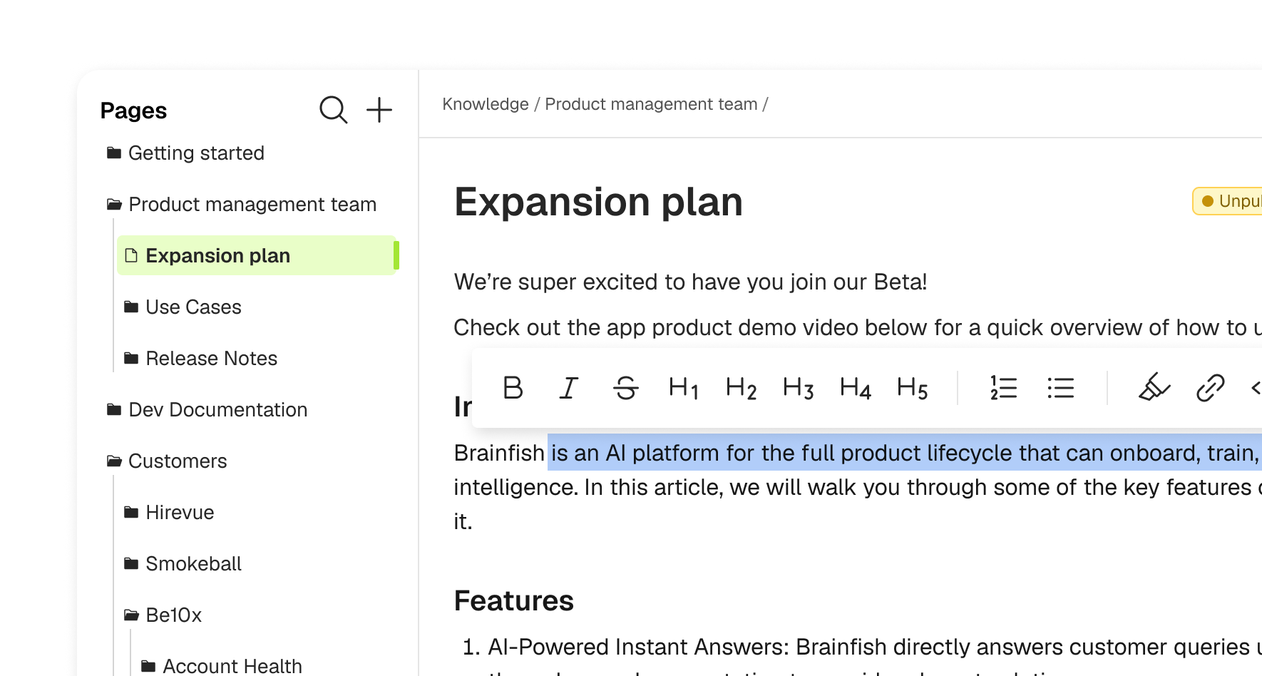 Brainfish knowledge editor with pages tree and editable product documentation