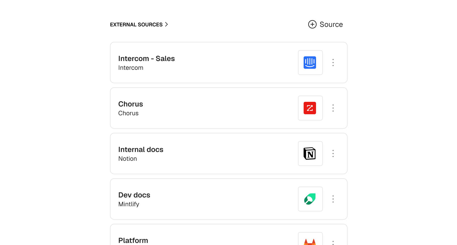 Brainfish external sources list including Intercom, Chorus, Notion, Mintlify, and GitLab