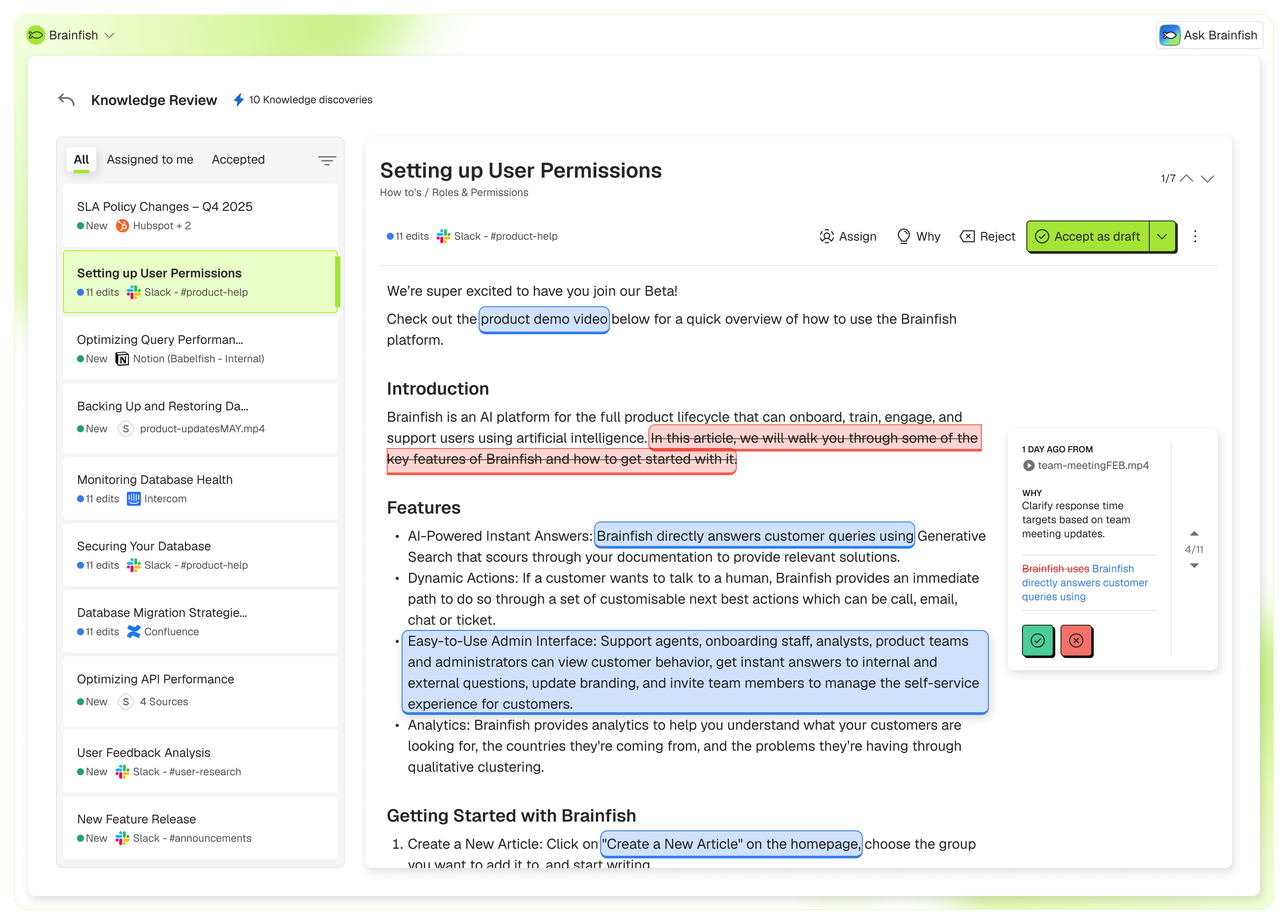 Brainfish Knowledge view with pages tree, recents, collections, and external sources