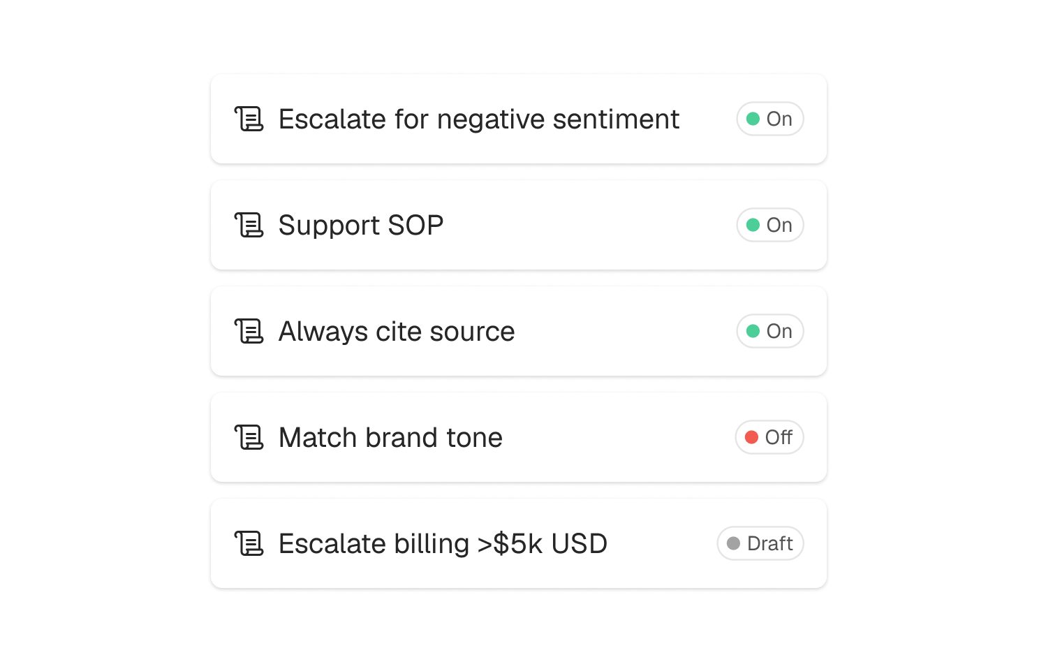 Brainfish skills list showing escalation, support SOP, citations, brand tone, and billing rules