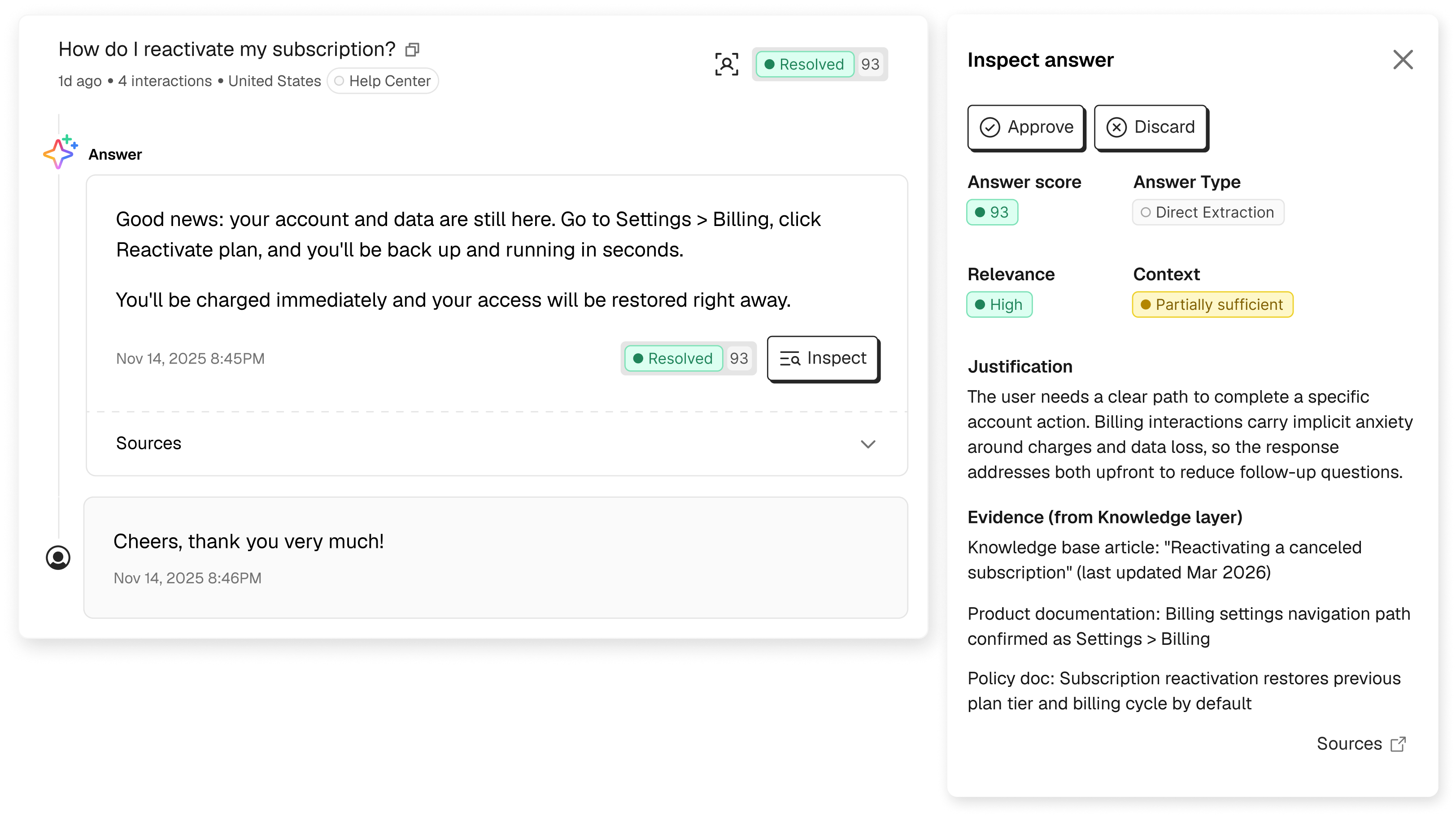 Brainfish answer inspector showing a resolved ticket with answer score, relevance, context, justification, and source evidence